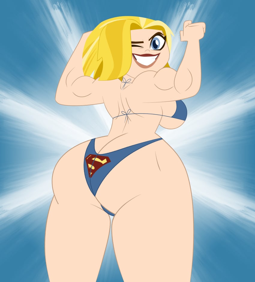 ass_cleavage big_ass bikini blonde_hair butt_crack codykins123 dc dc_comics dc_super_hero_girls flexing kara_danvers logo_panties looking_at_viewer looking_back muscles muscular_female one_eye_closed print_panties sideboob smile supergirl supergirl_panties swimsuit