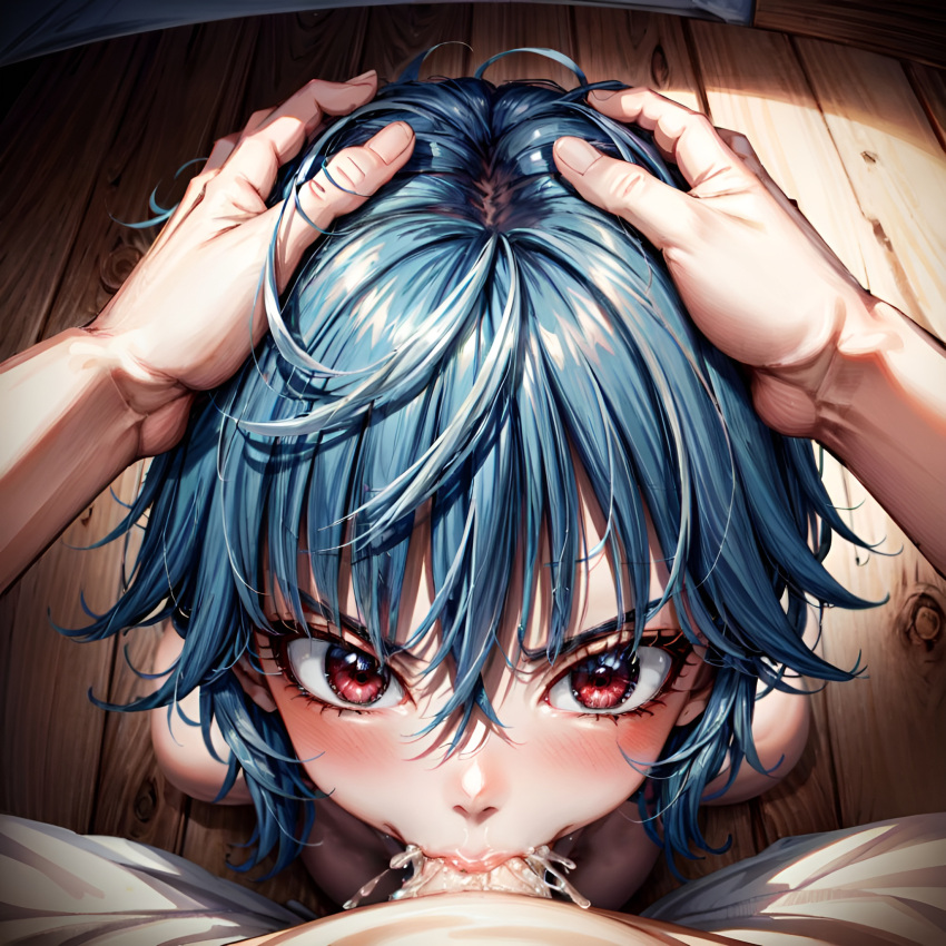 1girls ai_generated angry angry_expression arbitrary blowjob blue_hair cum cum_down_throat cum_in_mouth cum_in_throat cute deepthroat deepthroat_smile e-sekai eye_contact fellatio female forced_oral hands_on_head head_grab hi_res idol_corp looking_at_viewer oral oral_creampie petite pov red_eyes stable_diffusion teenager throat_fuck tight_throat virtual_youtuber young yuko_yurei