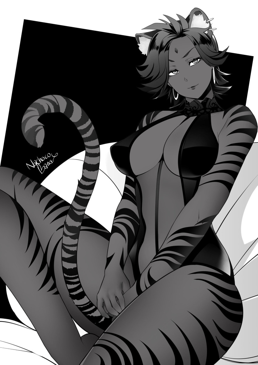 big_breasts black_hair dark-skinned_female dark_skin earrings faunus inktober lingerie monochrome nachocobana rwby sienna_khan tiger tiger_ears tiger_stripes tiger_tail voluptuous