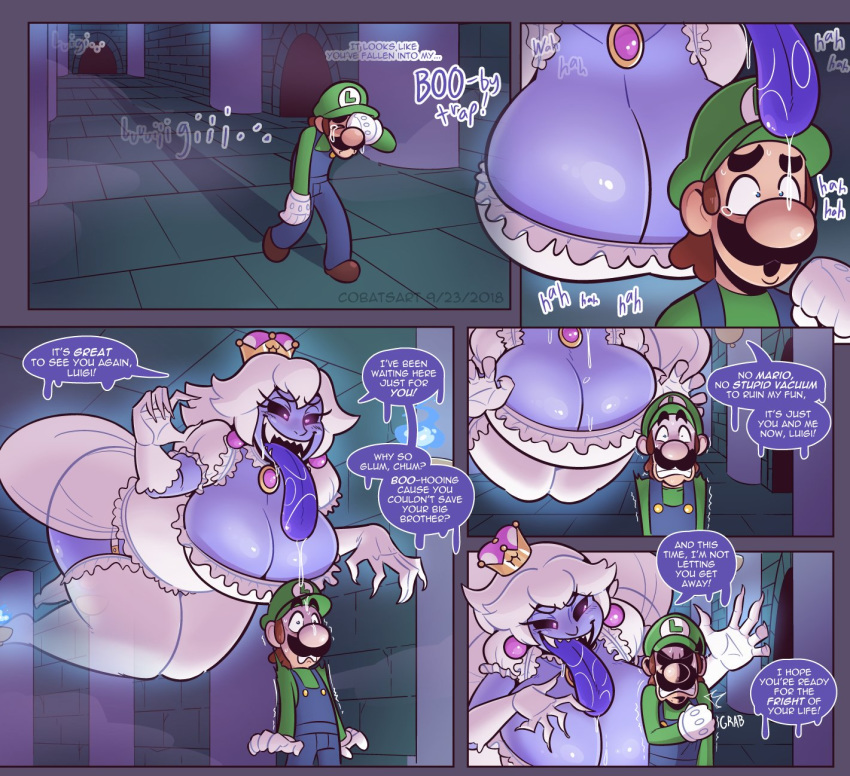 1boy 1girls 5koma big_breasts big_tongue black_sclera blue_skin blue_tongue boosette cobatsart comic drool fangs garter_straps ghost huge_breasts long_tongue luigi luigi's_mansion mario_(series) new_super_mario_bros._u_deluxe nintendo sharp_claws sharp_teeth size_difference smaller_male super_crown video_games wedding_dress white_hair