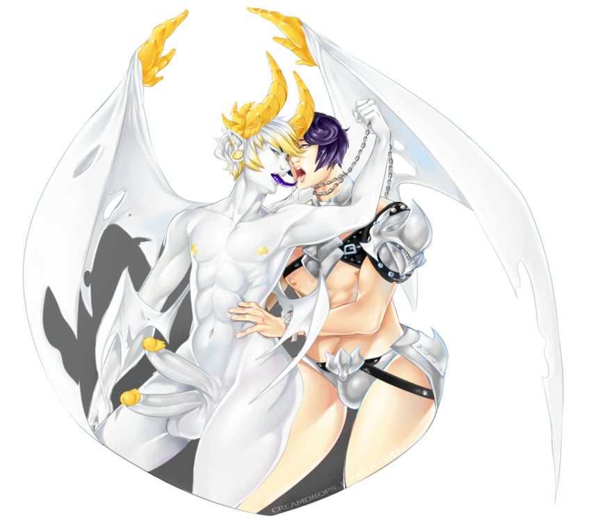 2boys abs armor balls chain_collar chains creamdrops diphallia diphallism duo duo_focus gay gay_domination male male_focus male_on_male male_only multi_penis muscular muscular_male penis purple_tongue white_skin wings yaoi