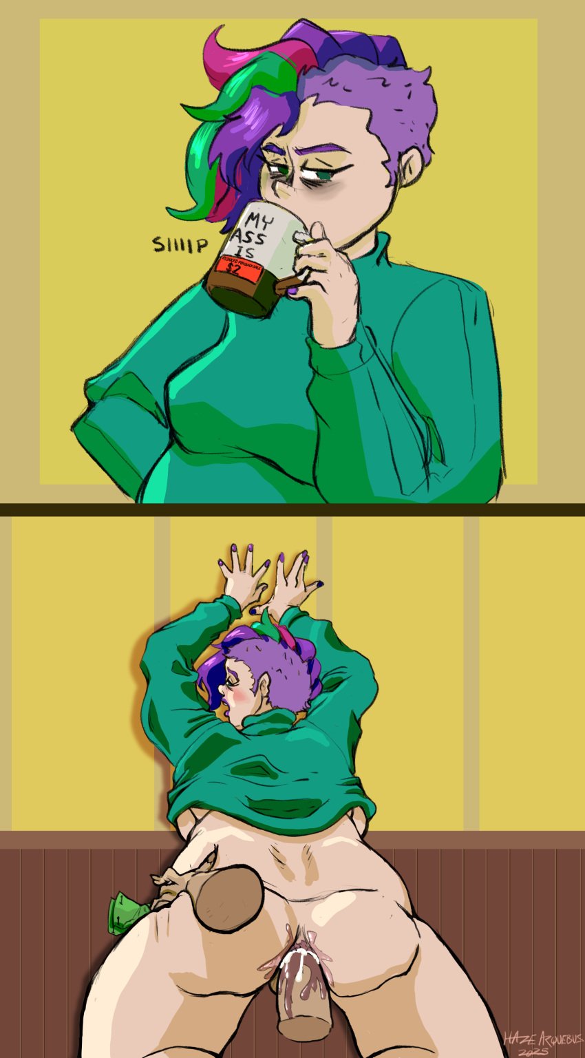 2futas 2koma anal_sex baggy_eyes blush bottomless chubby coffee_mug cum cum_in_ass cum_inside disembodied_arm disembodied_penis green_hair green_shirt instant_loss instant_loss_2koma money open_mouth pink_hair purple_hair purple_lipstick purple_nails raised_shirt sarah_austen sex_against_wall sloppyheadwind sound_effects trans_woman transfem