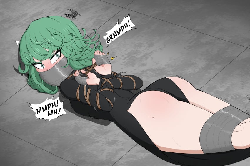 1girls ass black_dress bondage dress gagged green_hair kidnapped laying_down laying_on_floor laying_on_ground laying_on_stomach looking_at_captor looking_at_viewer one-punch_man petite petite_female rope_bondage solo tagme tape_bondage taped_hands tatsumaki thighs