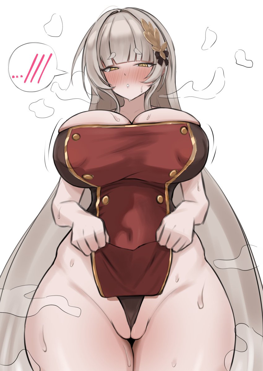 absurdres asanama azur_lane bartolomeo_colleoni_(azur_lane) blunt_bangs blush breasts cleft_of_venus clothes_lift covered_navel covered_nipples female grey_hair groin hair_intakes hair_ornament highres huge_breasts long_hair looking_at_viewer parted_lips pussy simple_background solo spoken_blush steaming_body sweat thick_eyebrows thigh_gap very_long_hair white_background yellow_eyes