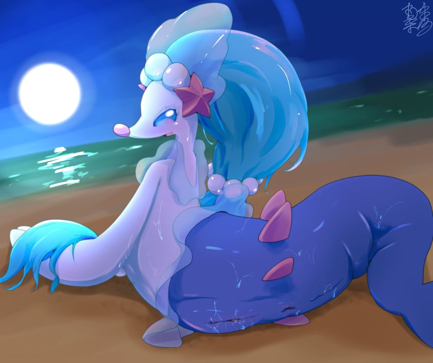 absurd_res anus blue_eyes blue_hair blush bodily_fluids female feral generation_7_pokemon genital_fluids genitals hair hi_res mammal marine nintendo nude pinniped pokemon pokemon_(species) primarina pussy smile solo tail vcrow_shuu white_body