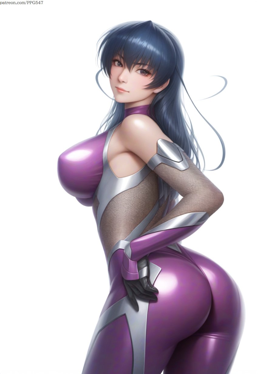 ai_generated ass ass bangs bare_shoulders big_ass big_breasts big_butt blue_hair bodysuit clothed clothed_female clothes clothing curvaceous curves curvy curvy_body curvy_female curvy_figure female female_human female_only gloves human igawa_asagi large_ass large_breasts large_butt long_hair looking_back nai_diffusion novelai patreon_username posing pujopg purple_eyes rear_view shiny_clothes simple_background solo solo_female standing taimanin_(series) taimanin_asagi taimanin_asagi_battle_arena taimanin_suit thick_thighs tight_clothing white_background white_skin wide_hips