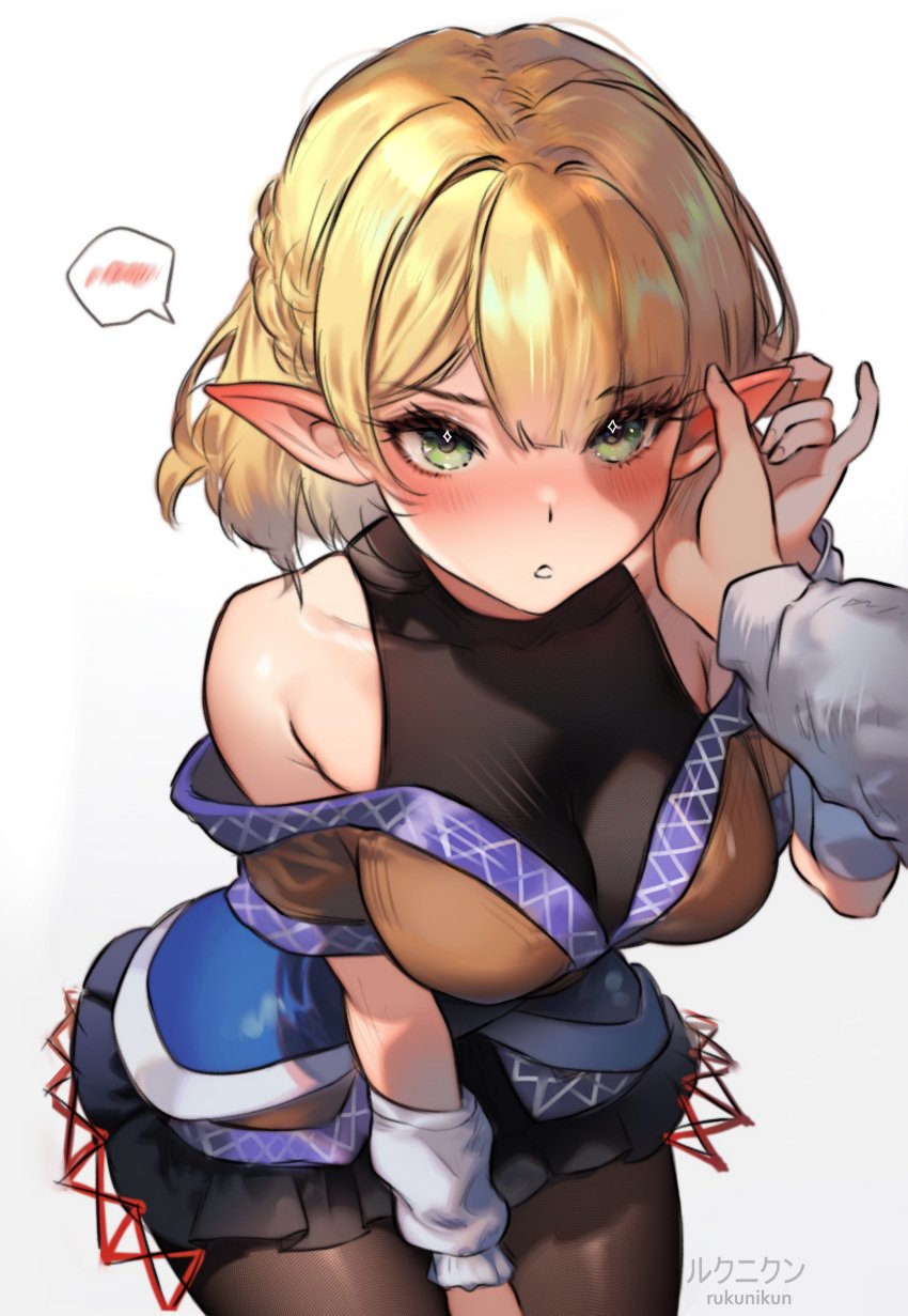 1boy bangs big_breasts black_legwear blonde_hair blue_skirt blush braided_hair brown_top cleavage colored_sketch dress ear_grab elf elf_ears embarrassed female focus gloves green_eyes hand_on_ear head_pat high_res highres looking_at_viewer mizuhashi_parsee off-shoulder outfit pantyhose pointy_ears pov puffy_sleeves rkgk rukunikun short_skirt signature sketch skin_tight sleeveless solo tagme thighhighs thighs touhou uncommon_stimulation white_gloves