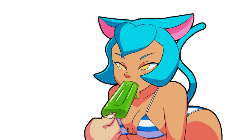 1boy animal_ears animated bikini blue_hair bouncing_breasts cat_ears catgirl cece cute dark-skinned_female deep_throat deepthroat deepthroat_invitation deepthroat_no_hands fast fellatio latenightsexycomics male oral oral_insinuation oral_invitation oral_sex petite popsicle sexually_suggestive sucking throat_fuck throat_training yellow_eyes