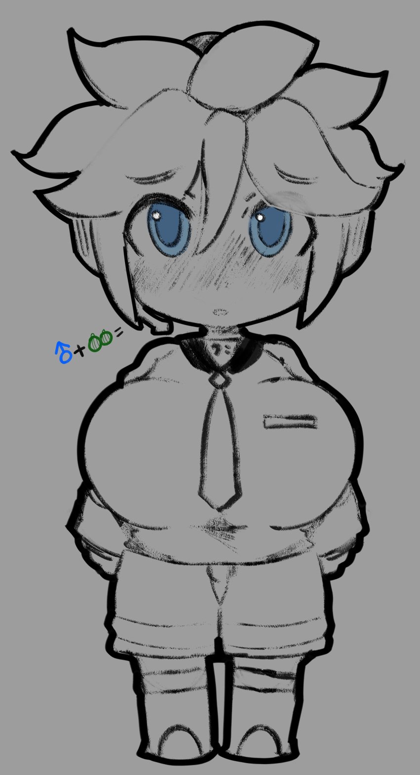 1boy artist_request blush busty_boy chibi chibi_only chibi_style drawfag erotic_chibi greyscale headphones kagamine_len leg_warmers male_symbol male_with_breasts mars_symbol melon monochrome necktie open_mouth shirt short_hair shorts solo spot_color vocaloid
