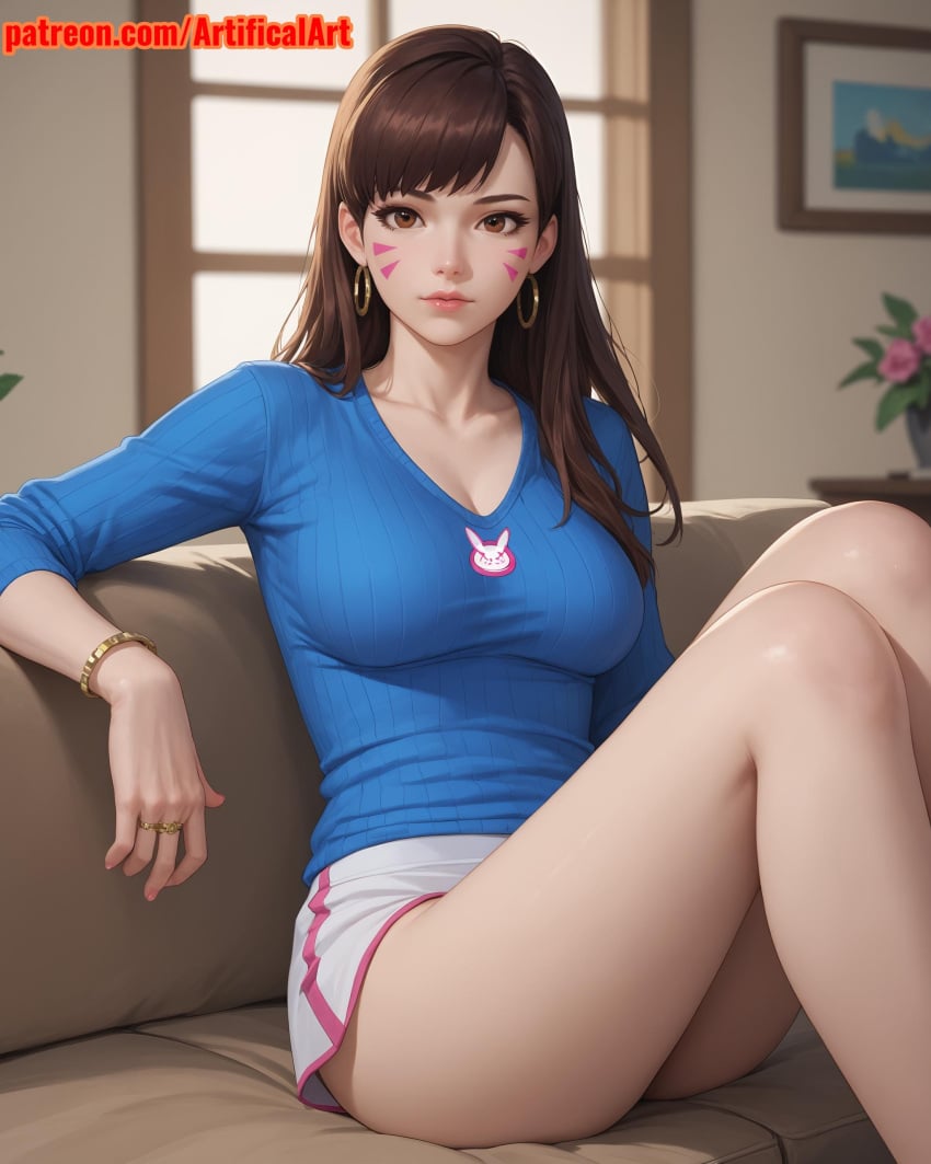 1girls ai_generated artifical_art bangs brown_eyes brown_hair d.va face_markings facial_mark facial_markings light-skinned_female light_skin long_hair medium_breasts overwatch overwatch_2