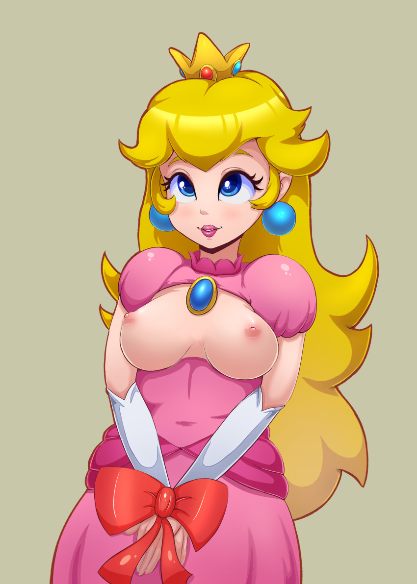 1girls areolae blonde_hair blue_eyes bow breastless_clothes breastless_clothing breasts breasts_out clothing crown dress earrings elbow_gloves exposed_breasts female female_only fingerless_gloves gloves human long_hair looking_at_another looking_up mario_(series) nintendo nipples pink_dress pink_lipstick polkin princess_peach simple_background smile solo standing v_arms very_long_hair video_games white_gloves