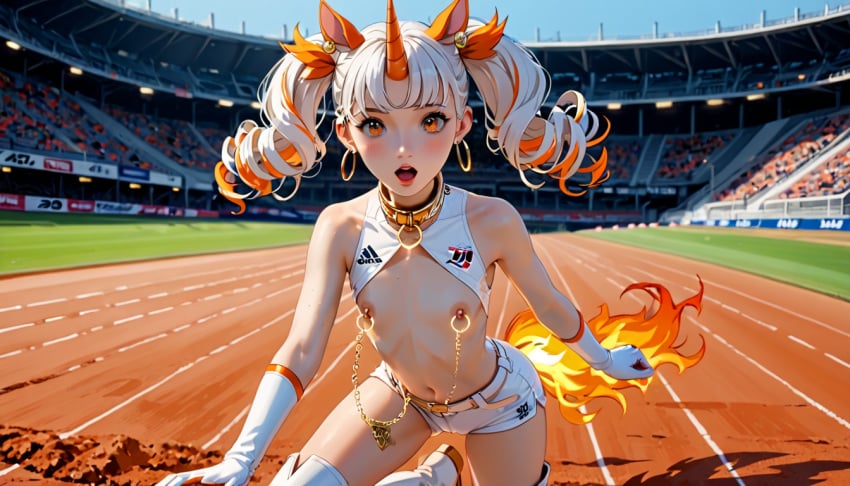 ai_generated arena before_anal before_sex breasts_out chains fire fire_princess_reina horse_girl horse_man monster monster_girl nipple_piercing orange_eyes orange_hair orange_highlights original_character outside public public_nudity public_sex racetrack racing racing_suit running terror139 tongue tongue_out unicorn unicorn_horn white_hair zelfara_monster_girls