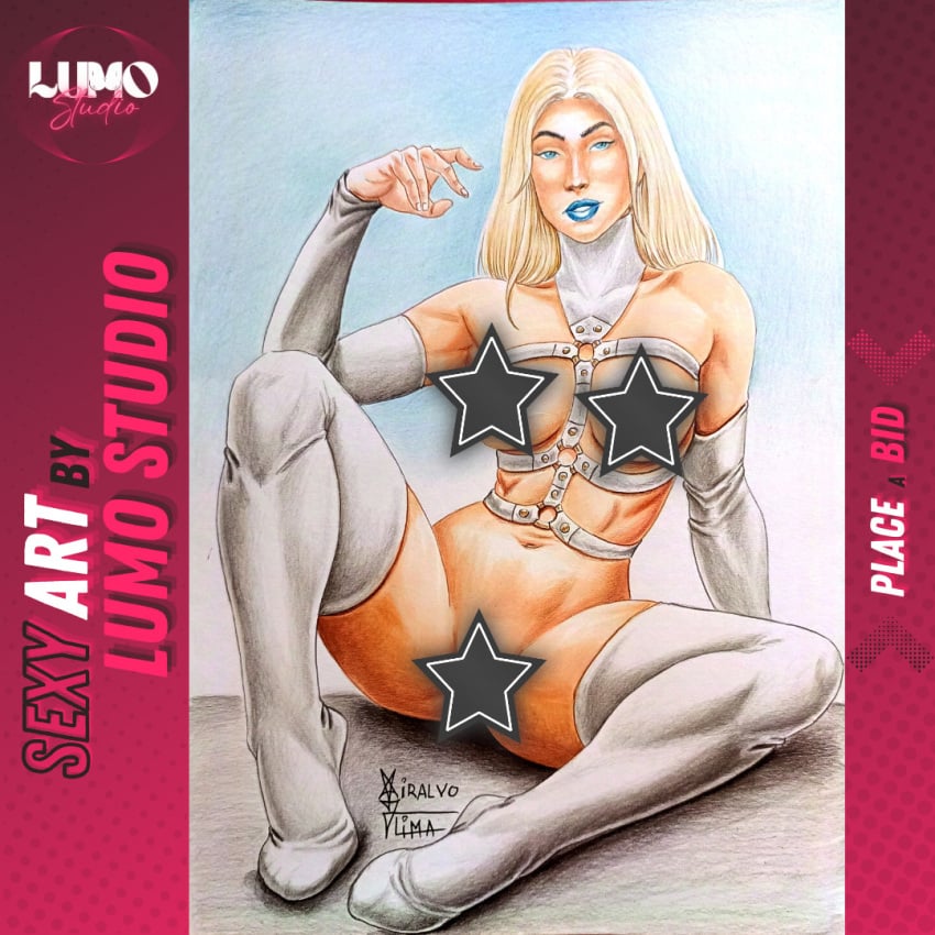 blonde_female blonde_hair blue_eyes bondage_gear censored censored_nipples censored_pussy choker elbow_gloves emma_frost female female_only lumo_studio marvel marvel_comics miralvo_lima thighhighs white_queen x-men