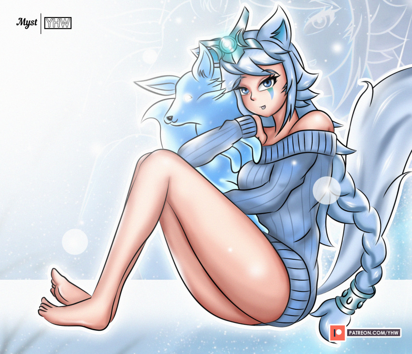 1girls alternate_costume barefoot blue_eyes blue_hair feet female female_focus foot_fetish fox fox_ears fox_tail full_body io_(paladins) luna_(paladins) paladins sweater sweater_dress tail yhw