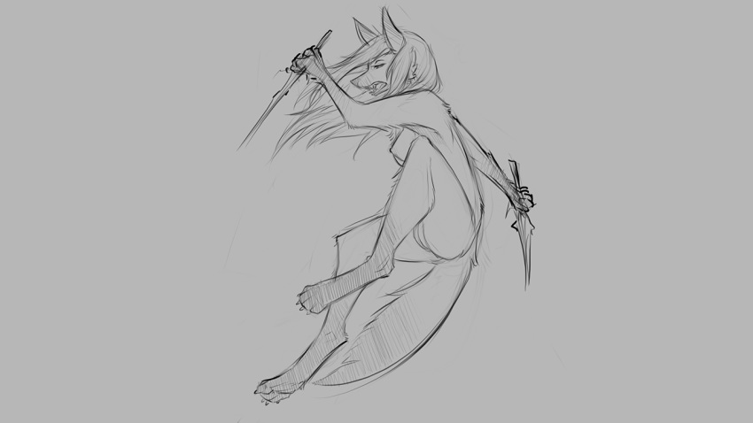 2019 action_pose anthro breasts canid canine dagger dual_wielding female fox grey_background hair half-closed_eyes holding_object holding_weapon mammal melee_weapon monochrome nipples nude open_mouth pose pussy side_view simple_background snout watsup weapon