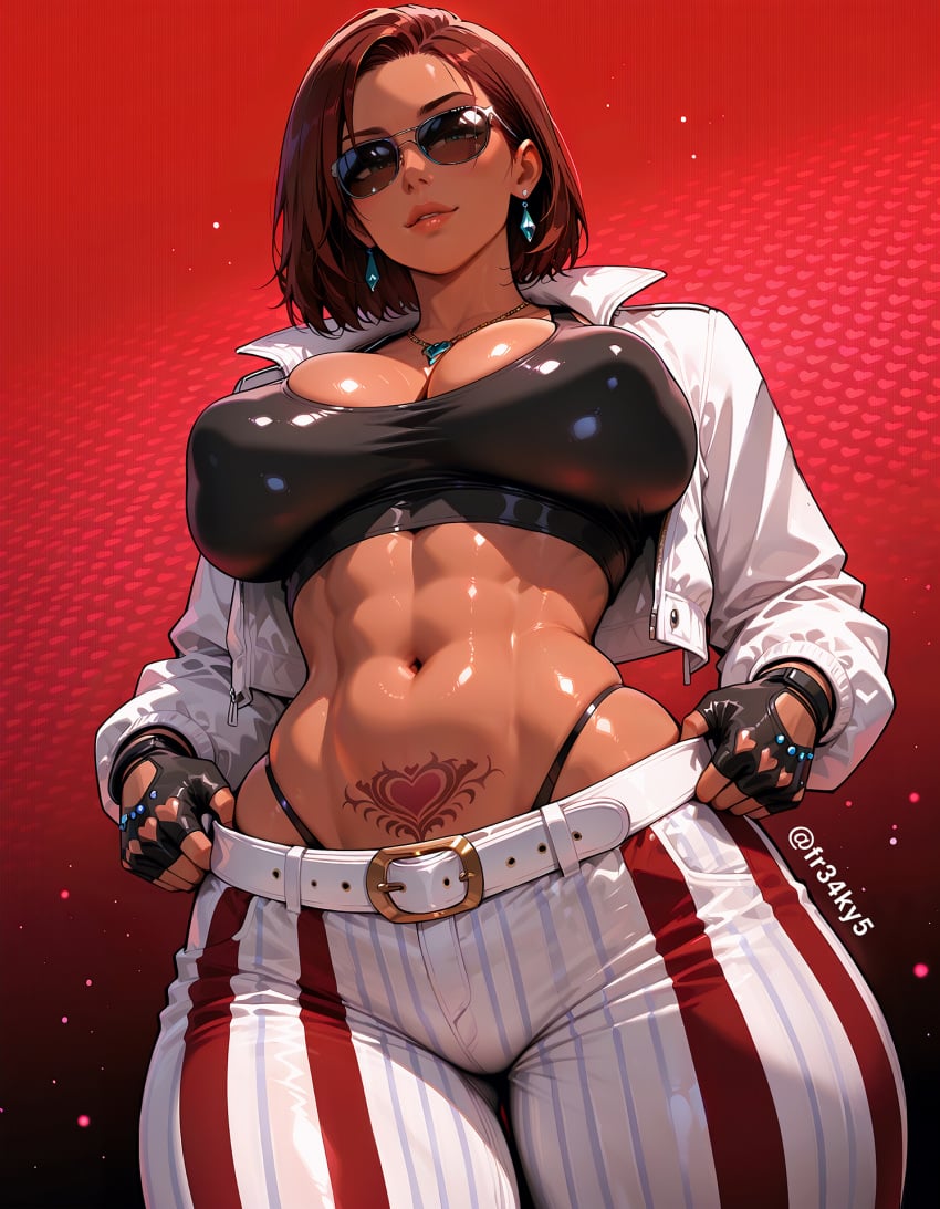 abs ai_generated brazilian_female cleavage dark-skinned_female fr34ky huge_breasts katarina_alves muscular muscular_female pubic_tattoo sunglasses tattoo tekken tinted_eyewear