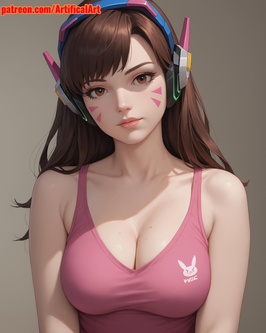 1girls ai_generated artifical_art bangs brown_eyes brown_hair d.va face_markings facial_mark facial_markings light-skinned_female light_skin long_hair medium_breasts overwatch overwatch_2