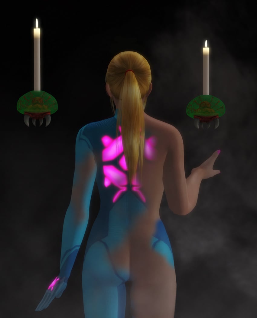 3d ass back_view blonde_hair bodysuit candle from_behind gloves half_naked jc-starstorm metroid metroid_(creature) nintendo pink_nail_polish ponytail samus_aran zero_suit zero_suit_samus