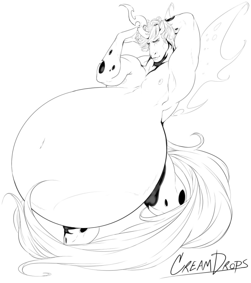 2015 anthro arms_up belly big_belly commission creamdrops female_prey furry huge_belly hyper_belly line_art male_pred male_vore muscular my_little_pony navel nipples oral_vore original_character prince_goldenheart tail vore