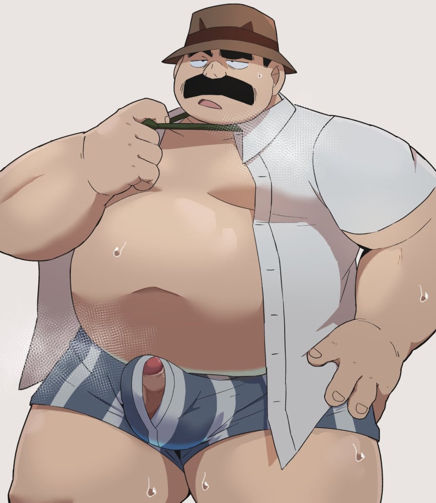 1boy adult adult_male beady_eyes chubby chubby_male detective_conan fat fat_man green_tie hat male male_focus male_only married_man megure_juuzou moustache navel no_background old_man older_male omo_kemo open_shirt overweight overweight_male partially_clothed penis_peek policeman pulling_tie round_belly shounen_sunday solo solo_male standing sweating thick_arms thick_forearms tms_entertainment underwear