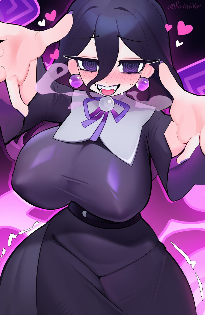 1girls @_@ absurd_res black_eyes black_hair breasts curvy female female_only goth goth_girl heart_symbol hex_maniac hex_maniac_(z-a) hi_res highres hips huge_breasts long_hair looking_at_viewer nipples_visible_through_clothing pokemon pokemon_legends:_z-a re1akko solo spiral_eyes tagme wide_hips