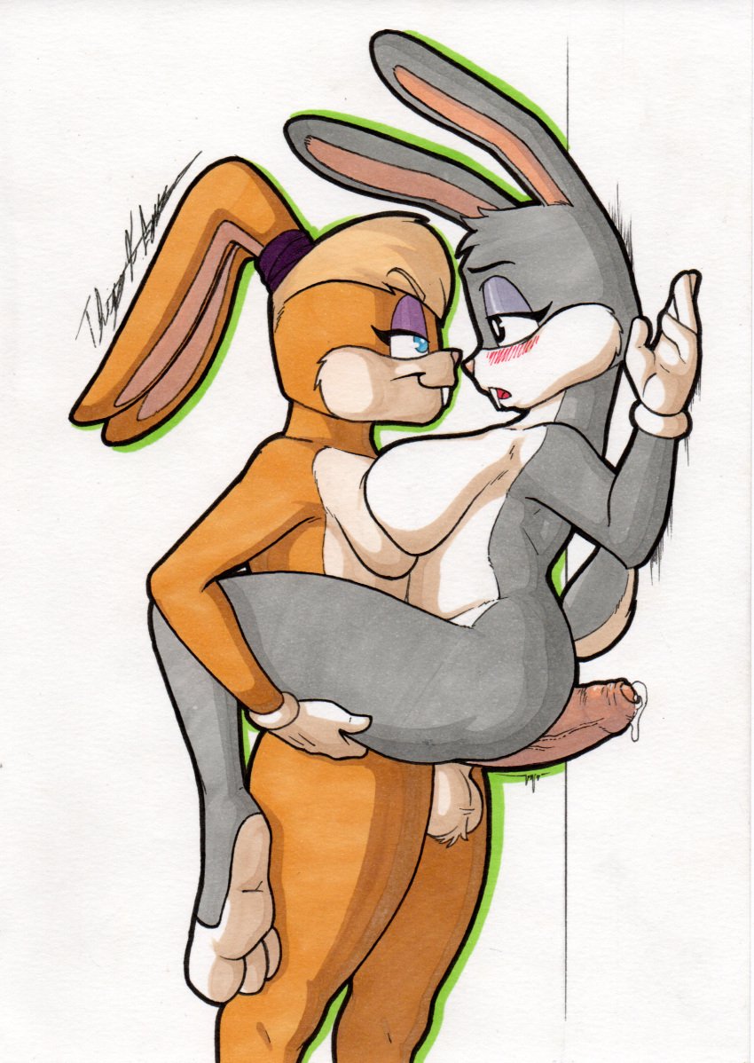 absurd_res anthro balls big_penis blonde_hair blue_eyes bodily_fluids breasts buckteeth bugs_bunny duo foreskin futa_on_female futanari genital_fluids genitals gynomorph hair hi_res intersex intersex/intersex lagomorph leporid lola_bunny looney_tunes mammal nude penis precum rabbit rotten_owl rule_63 simple_background teeth traditional_media_(artwork) warner_brothers