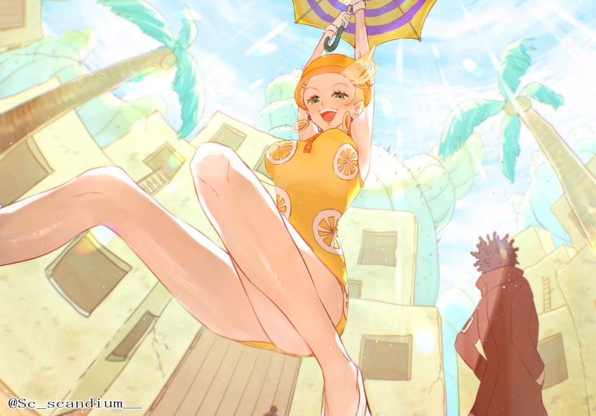 1girls artist_name bare_arms bare_legs bare_thighs big_breasts blonde_hair blush building clothed clothing dress earrings female female_focus from_below green_eyes hat headwear holding_object large_breasts lemon_print low-angle_view mikita_(one_piece) miss_valentine mr_5 one_piece open_mouth outdoors sc_scandium short_hair slim_waist smile sunny thick_thighs thighs thin_waist umbrella yellow_dress