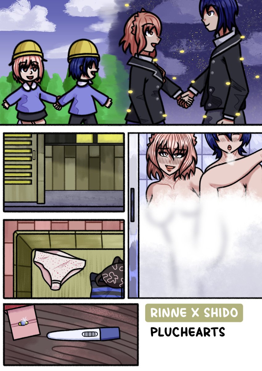 1boy 1girls black_bra blue_hair boxers date_a_live itsuka_shido pink_hair pluchearts pregnancy_test shower shower_sex sonogami_rinne standing_on_one_leg standing_sex straight underwear white_underwear