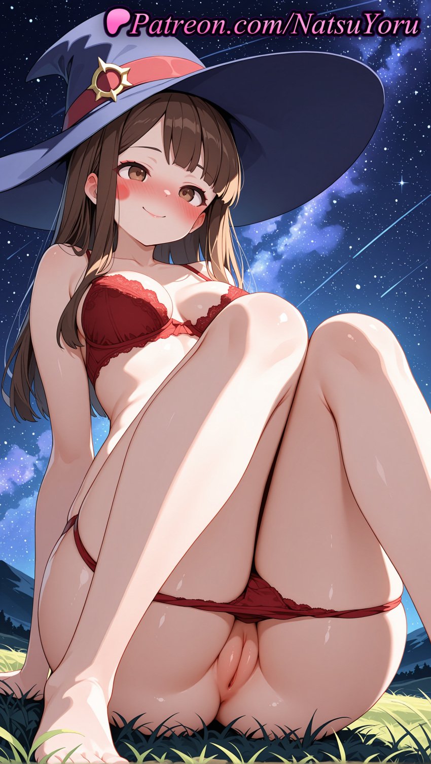 1girls 2025 ai ai_assisted ai_generated anime anime_style anus arm_support asian ass asshole atsuko_kagari bangs barefoot blue_headwear blunt_bangs blush bra breasts brown_eyes brown_hair bust busty cleft_of_venus closed_mouth collarbone facial_mark feet female female_focus female_only female_solo foot_fetish grass hat hentai hi_res high_quality high_resolution highres juicy_butt knees_together_feet_apart knees_up labia lace-trimmed_bra legs little_witch_academia long_hair looking_at_viewer medium_breasts natsuyoru night night_sky nose_blush on_grass on_ground outdoors panties pantsu panty_pull patreon pussy red_bra red_panties shaved_vagina shooting_star sitting sky smile solo solo_female stable_diffusion star_(sky) starry_sky thighs toenails toes uncensored underwear underwear_only vagina voluptuous voluptuous_female witch_hat