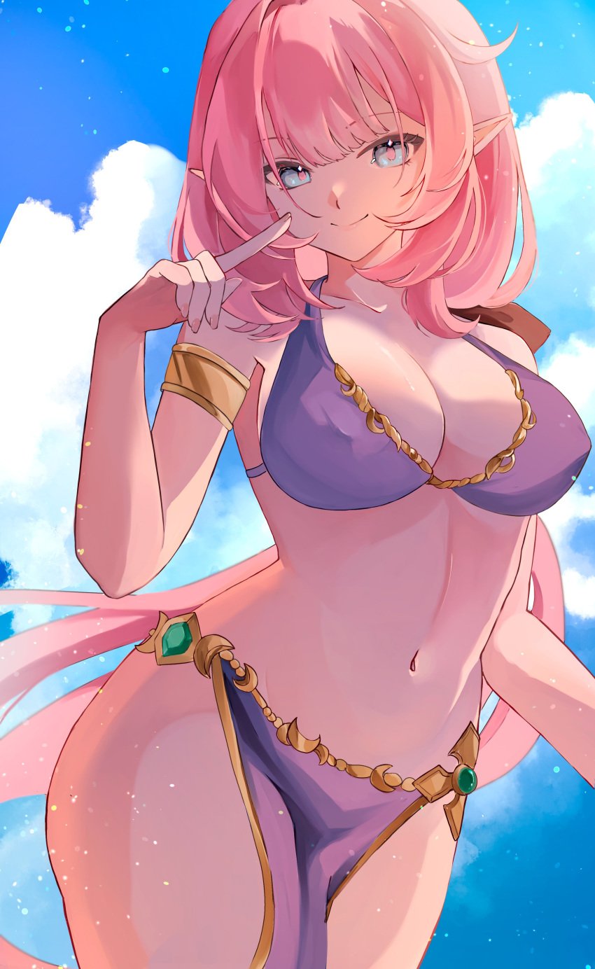 1girls belly_dancer belly_dancer_outfit blue_eyes cleavage dancer_outfit elf elf_ears elysia_(honkai_impact) harem_girl harem_outfit honkai_(series) honkai_impact honkai_impact_3rd huge_breasts loincloth long_hair looking_at_viewer mofumanju pink_hair pointy_ears