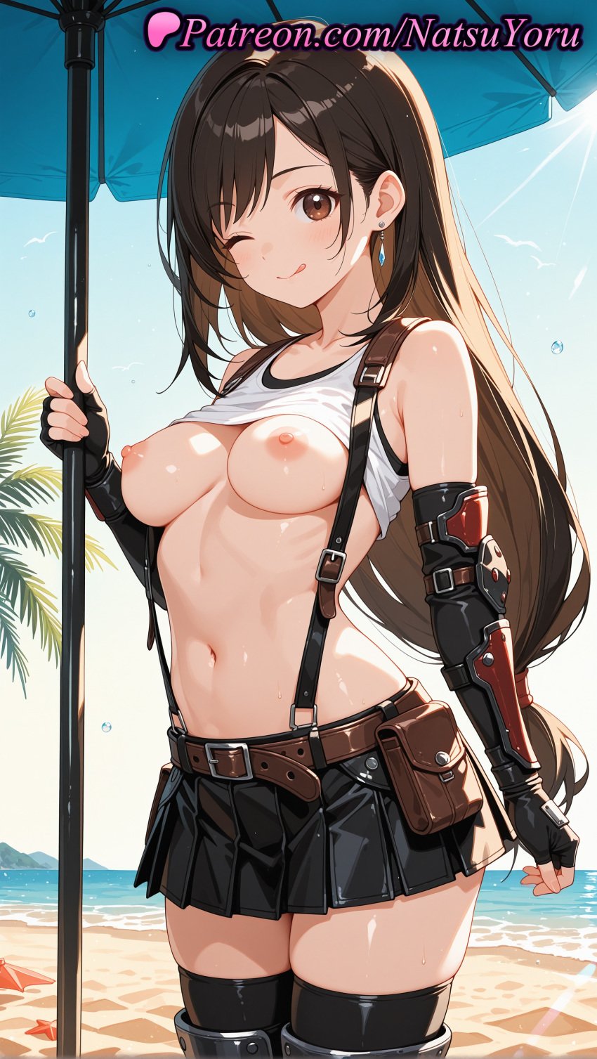 1girls 2025 ai ai_assisted ai_generated anime anime_style arm_guards bangs bare_shoulders beach beach_umbrella belt black_gloves black_hair black_legwear black_skirt black_thighhighs blue_sky blush boots breasts brown_eyes brown_hair bust busty closed_mouth clothes_lift collarbone cowboy_shot crop_top day earrings elbow_gloves elbow_pads female female_focus female_only female_solo final_fantasy final_fantasy_vii final_fantasy_vii_remake fingerless_gloves gloves hentai hi_res high_quality high_resolution highres holding jewelry long_hair looking_at_viewer low-tied_long_hair medium_breasts midriff miniskirt natsuyoru navel nipples nipples_outside no_bra ocean one_eye_closed outdoors palm_tree patreon pleated_skirt pouch sand shiny shirt shirt_lift skirt sky sleeveless smile solo solo_female stable_diffusion standing starfish stomach sunlight suspender_skirt suspenders sweat tank_top thighhighs thighs tifa_lockhart tongue tongue_out umbrella uncensored_nipples undershirt very_long_hair voluptuous voluptuous_female water wet white_tank_top zettai_ryouiki