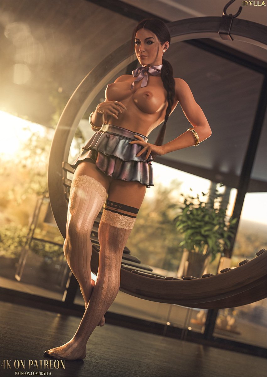 3d areolae braid brown_eyes brown_hair busty female female_focus female_only hourglass_figure idylla lara_croft legwear long_hair makeup miniskirt nipples pinup pinup_pose skirt tagme tattoo tomb_raider wide_hips