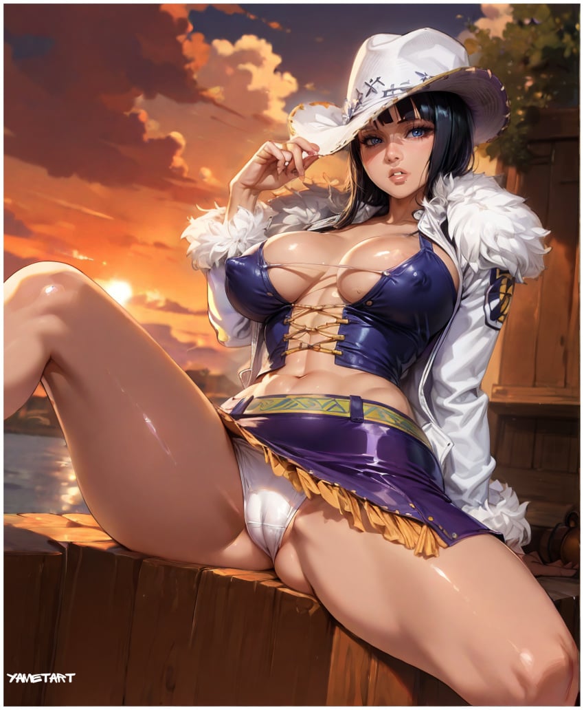 1girls ai_generated black_hair blue_eyes clothing cowboy_hat female female_only miss_all_sunday nico_robin nico_robin_(pre-timeskip) one_piece yametastudio