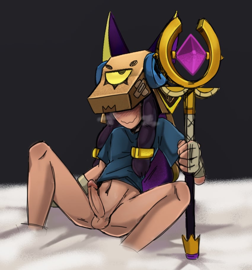 1boy blush brawl_stars egyptian erection finx_(brawl_stars) horny legs_apart male nervous_male nervous_smile no_pants nude shirt_up shy sitting sitting_on_bed surgie