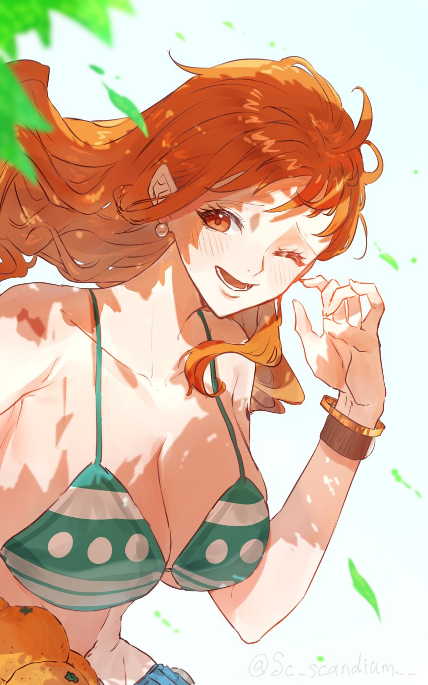 1girls artist_name bare_arms bare_midriff big_breasts bikini bikini_top blush breasts brown_eyes cleavage clothed clothing collarbone earrings female female_focus female_only huge_breasts large_breasts leaves long_hair midriff nami nami_(one_piece) navel one_eye_closed one_piece orange_hair post-timeskip sc_scandium simple_background slim_waist solo solo_female tangerine_(fruit) thin_waist white_background