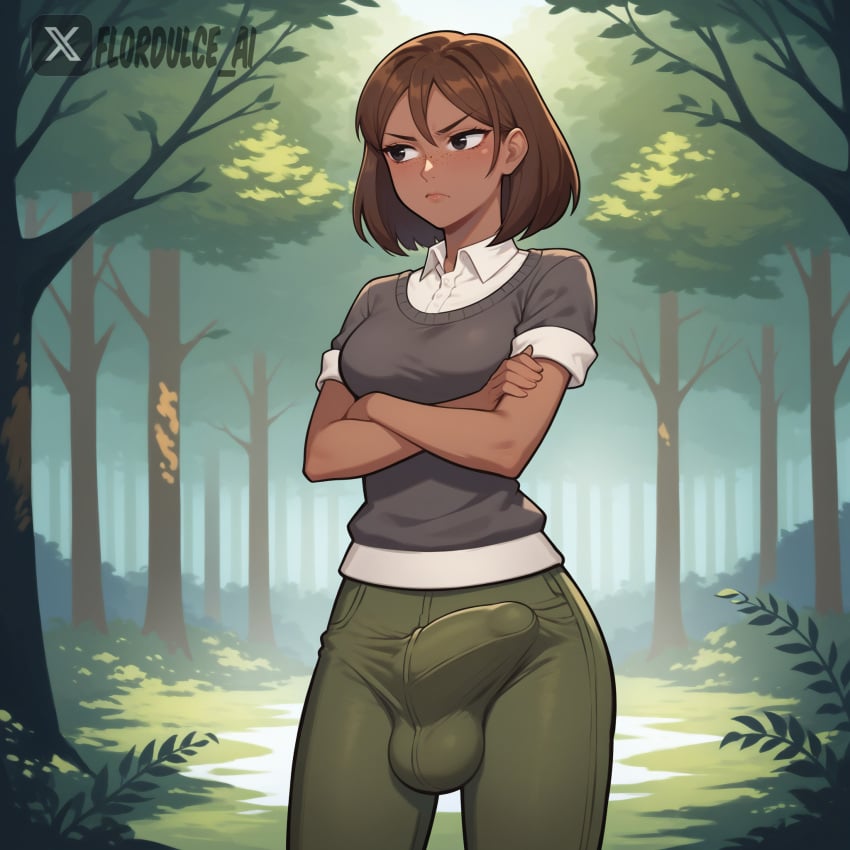 1futa ai_generated annoyed arms_crossed black_eyes brown_hair bulge cartoon_network collared_shirt courtney_(tdi) covered_penis dark-skinned_futanari erect_penis erection erection_under_clothes erection_under_clothing flordulce forest freckles futa_only futanari nature outdoors pants penis short_hair solo_futa standing sweater total_drama_island