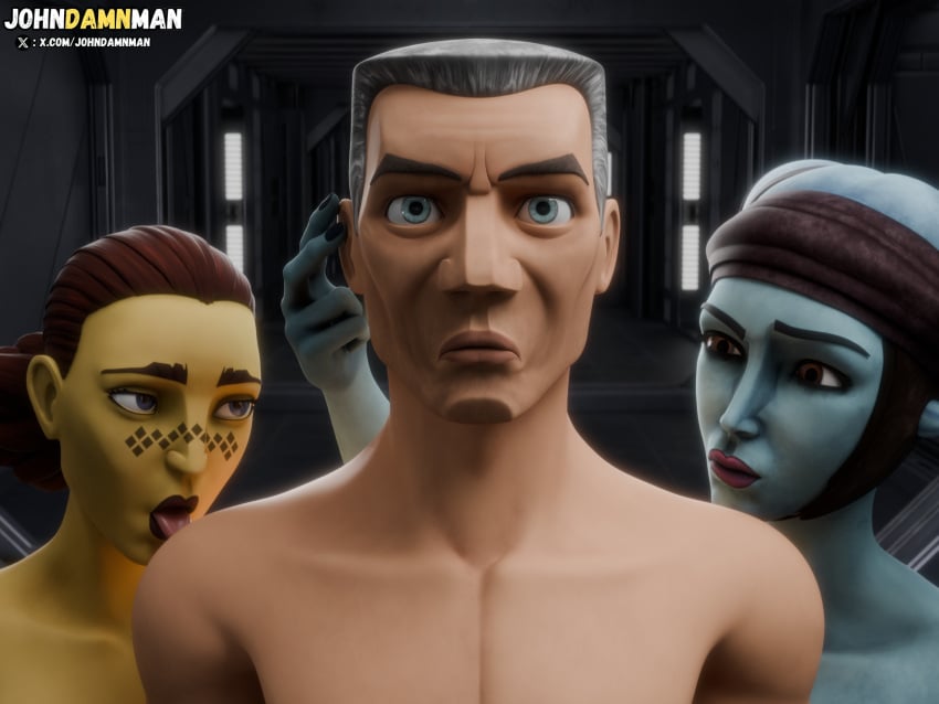 2girls 2girls1boy aayla_secura alien barriss_offee clone_trooper clone_wars johndamnman mirialan star_wars stare twi&#039;lek