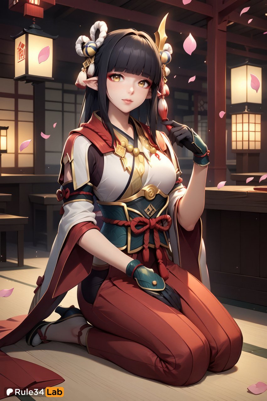 1girls ai_generated black_gloves black_hair blunt_bangs breasts capcom cup fewer_digits full_body gloves hair_ornament hakama hakama_skirt hi_res hime_cut hinoa holding holding_cup indoors japanese_clothes kimono lips long_hair looking_at_viewer makeup medium_breasts minoto monster_hunter petals pointy_ears red_hakama rule34lab seiza sitting smile solo tabi wide_sleeves wyverian yellow_eyes