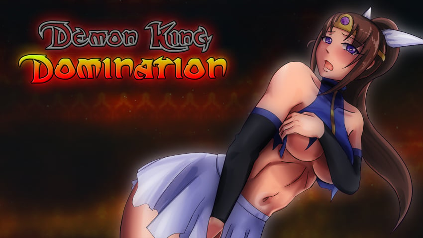 16:9 abs belgerum blue_eyes brown_hair circlet covering covering_breasts covering_self demon_king_domination dutch_angle female female_only game_cg hair_ribbon human kronifer large_breasts open_mouth ponytail ripped_clothing ripped_shirt ripped_skirt solo solo_female torn_clothes torn_shirt torn_skirt underboob