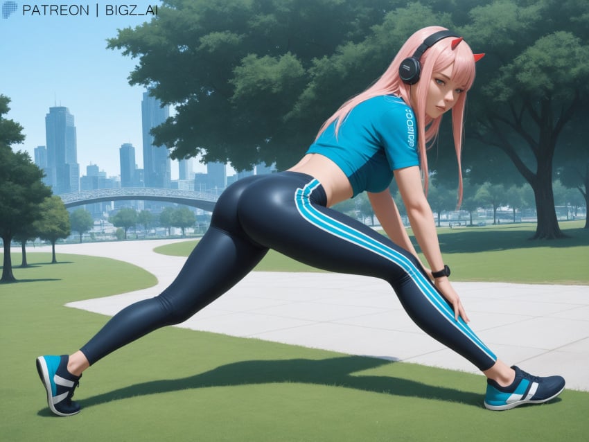 1girls ai_generated artist_name big_ass big_breasts big_butt bigz_ai blue_eyes darling_in_the_franxx excercise female female_only horn horns light-skinned_female outdoors park patreon_username pink_hair shoes sports_bra sportswear tree white_hair zero_two_(darling_in_the_franxx)