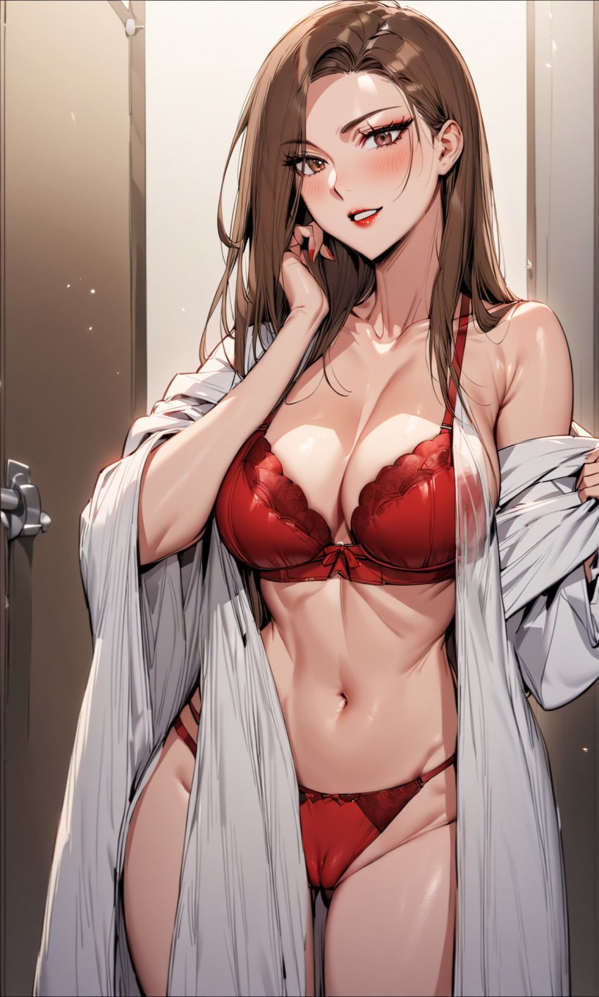 ai_art ai_generated bare_shoulder bathrobe blush bra breasts brown_eyes brown_hair brushing_hair cameltoe cleavage collarbone curvaceous_hips curvy_figure door female hi_res large_breasts lingerie looking_at_viewer manhwa navel panties parted_lips posing queen_bee_(manhwa) red_lingerie red_lipstick sexy_body stable_diffusion yoo_dali