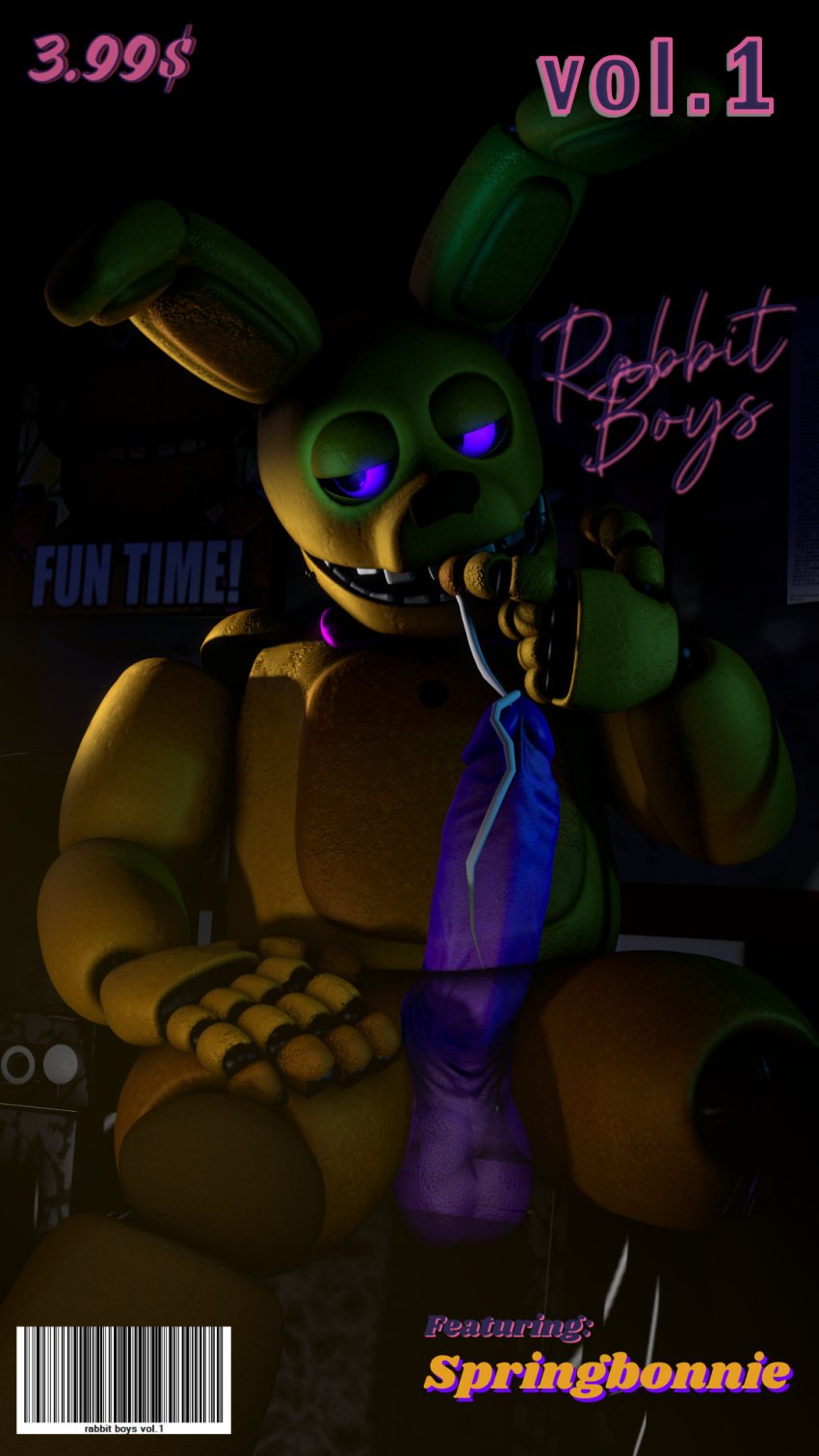 3d animatronic anthro barcode bodily_fluids bow_tie cover cum cum_in_mouth cum_inside dark_lighting dark_room digital_media_(artwork) drinking drinking_cum elementz808 erection five_nights_at_freddy&#039;s genital_fluids genitals hand_on_leg hi_res humanoid lagomorph machine magazine_cover male mammal penis precum presenting presenting_penis price_tag purple_eyes robot scottgames solo source_filmmaker_(artwork) spring_bonnie_(fnaf) text yellow_body