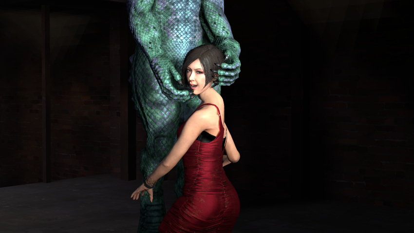 3d ada_wong anthro dress human interspecies kneeling larger_male lizardman male resident_evil scalie scumguzzlerr size_difference smaller_female smile source_filmmaker