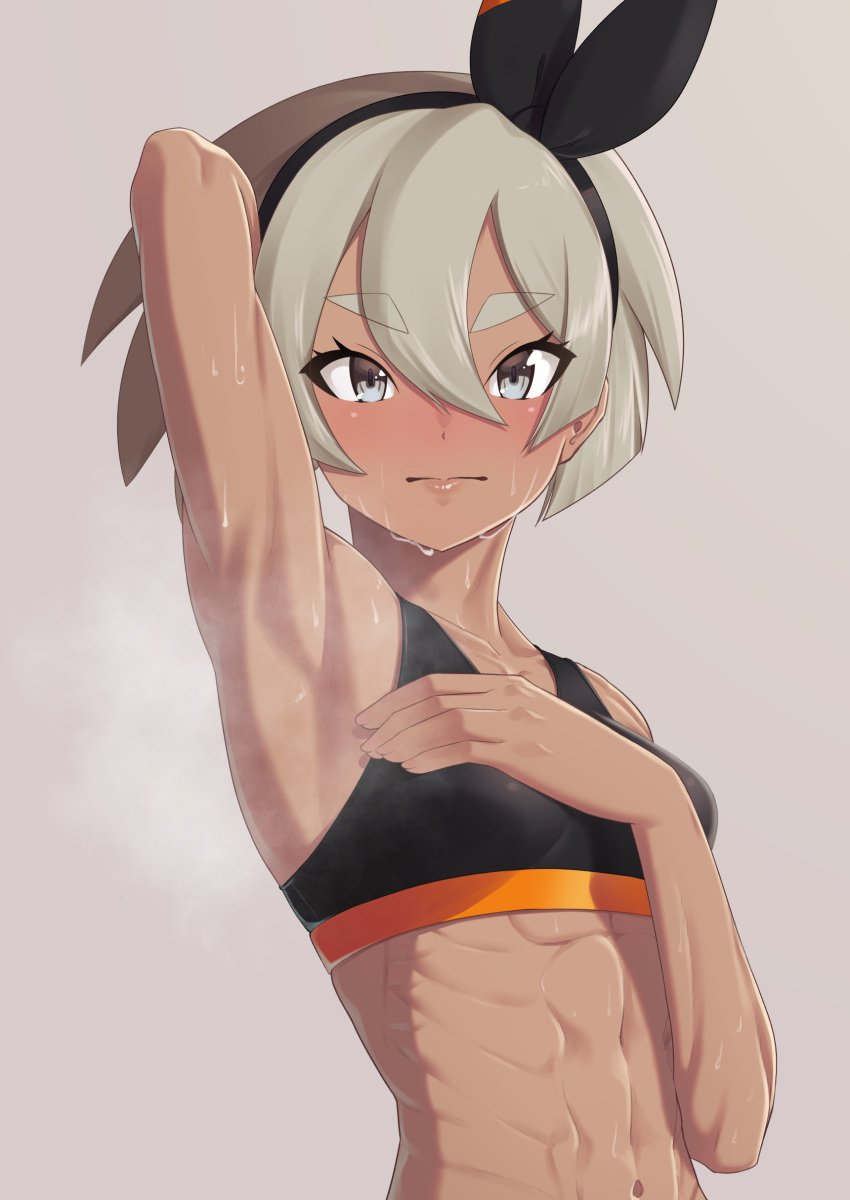 1girls abs arm_up armpit_fetish armpit_pheromones armpits bea_(pokemon) belly blonde_hair bra brown_eyes dark-skinned_female dark_skin eye_contact female female_only fit hand_on_chest human looking_at_viewer muscular muscular_female navel nintendo one_arm_up pheromones pokemon pokemon_ss portrait pose presenting_armpit putcher ribs small_breasts smell smelly_armpits solo sportswear steaming_body sweat wet