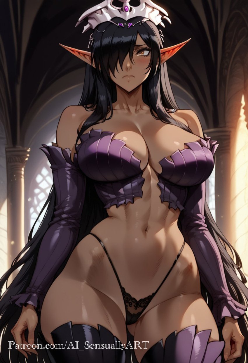 1girls 2d ai_generated ai_sensuality cleavage dark-skinned_female dark_elf dark_skin elf elf_ears half-dressed kuroinu_~kedakaki_seijo_wa_hakudaku_ni_somaru~ large_ass large_breasts midriff navel olga_discordia pointy_ears string_panties thick_thighs thong wide_hips