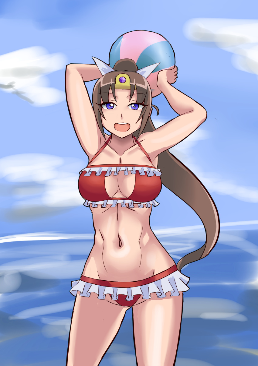 beach_ball belgerum blue_eyes brown_hair circlet demon_king_domination game_cg kronifer open_mouth solo_female solo_focus swimsuit