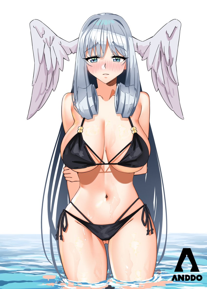 1girls alternate_costume big_breasts bikini black_bikini blue_eyes cleavage grey_hair head_wings i_am_anddo long_hair melia_antiqua nintendo outside swimsuit water wings xenoblade_(series) xenoblade_chronicles_3