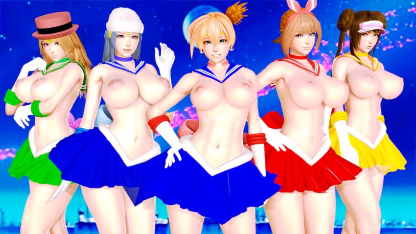 3d 5girls abs alternate_breast_size alternate_outfit areolae armpits belly big_breasts bishoujo_senshi_sailor_moon blonde_hair blue_background blue_hair brown_hair clothing cosplay crossover dawn_(pokemon) double_bun eye_contact female female_only gloves half-closed_eyes hand_on_hips hat human human_only kasumi_(pokemon) large_breasts long_hair looking_at_viewer luna_(artist) magical_girl may_(pokemon) may_(pokemon_oras) medium_breasts multiple_girls navel nintendo nipples orange_hair pokemon pokemon_bw2 pokemon_dppt pokemon_oras pokemon_rgby pokemon_xy rosa_(pokemon) sailor_jupiter_(cosplay) sailor_mars_(cosplay) sailor_mercury_(cosplay) sailor_moon_(cosplay) sailor_venus_(cosplay) serena_(pokemon) short_hair skirt thick_thighs topless twintails wide_hips