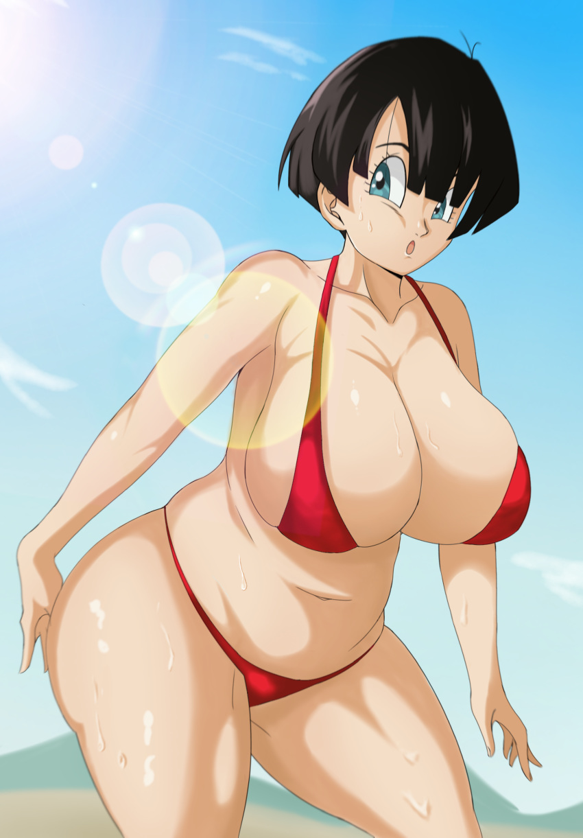 1girls alternate_breast_size big_breasts bikini black_hair blue_eyes breasts dragon_ball dragon_ball_z fran-hen741 huge_breasts large_ass large_breasts sweat swimsuit videl