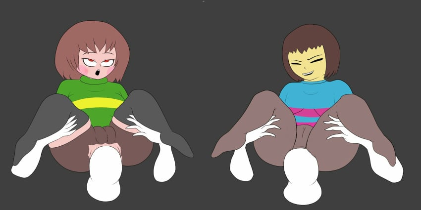 2girls ahe_gao anal anal_penetration anal_sex anal_through_clothes chara clothing_skin edit frisk penis scarecorrode through_clothes undertale